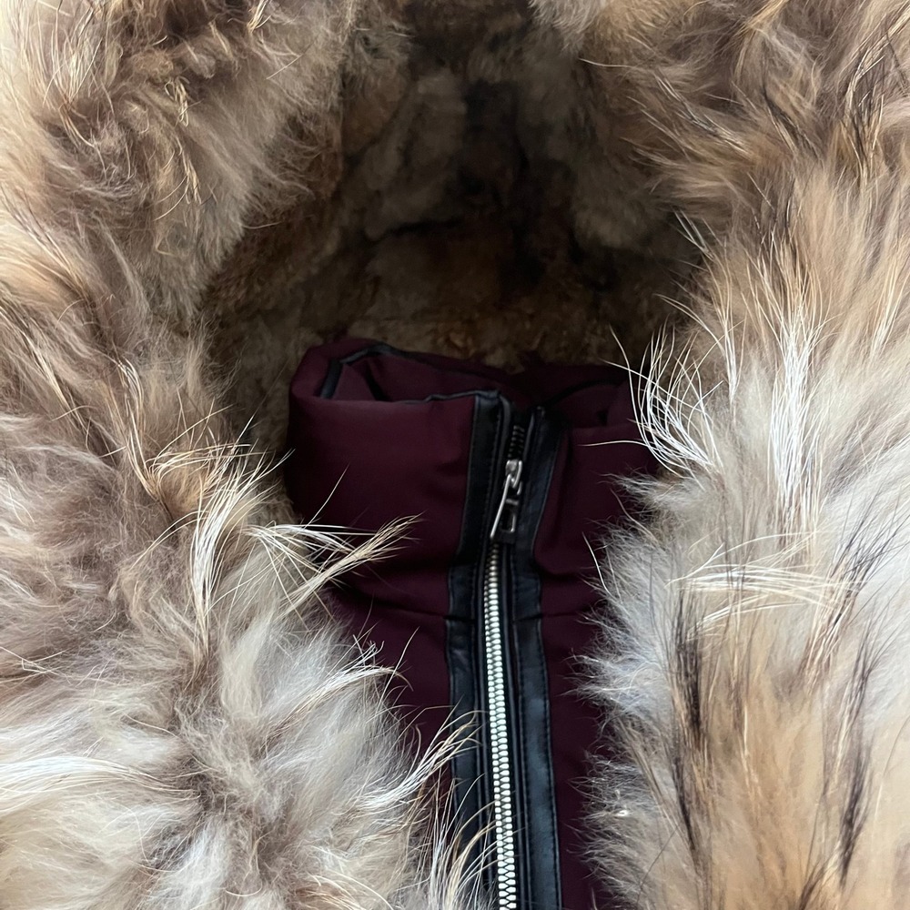 Rudsak Burgundy Down Parka with Raccoon and Rabbit Fur Trim Hood Leather Accents - Picture 6 of 9